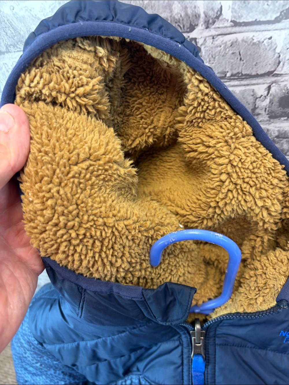 The North Face Kids Navy Blue Quilted Puffer Jacket with Sherpa Hood reversible - Picture 3 of 9